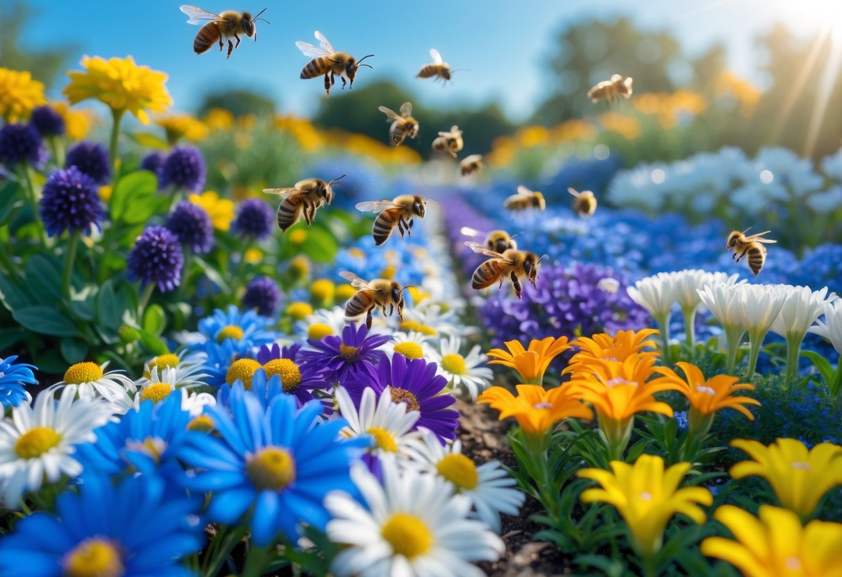 A garden with colorful flowers where bees are gathering on blue and purple flowers but avoiding yellow and orange ones.