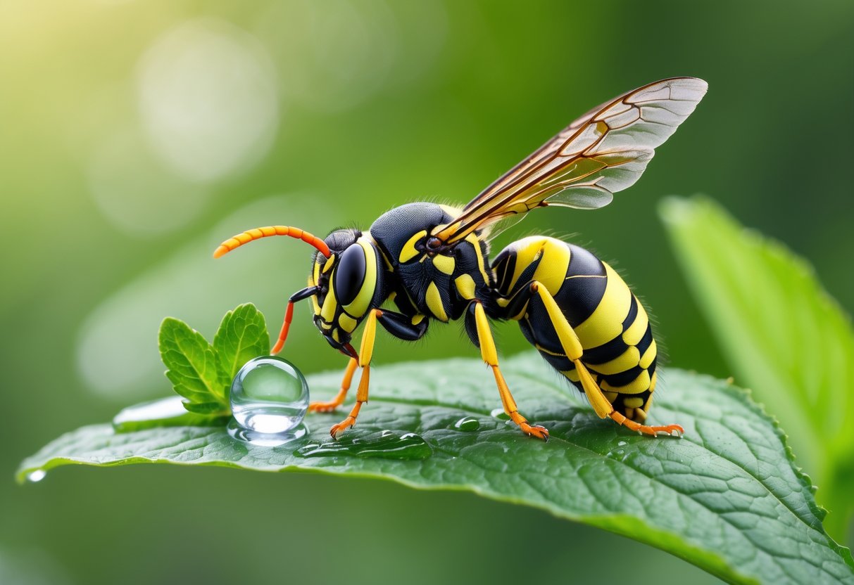 Close-up of a wasp on a green leaf with nearby lemon slice and mint leaves in a natural outdoor setting.