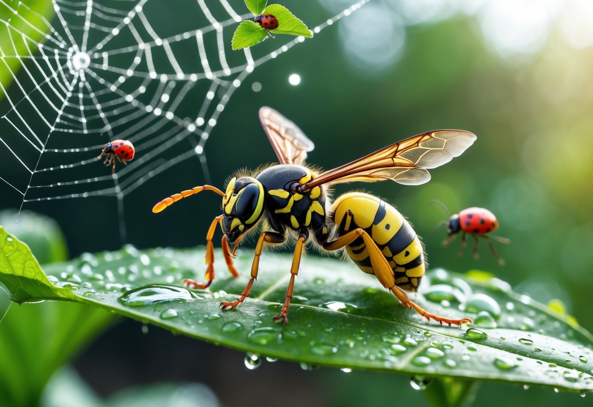 Close-up of a wasp on a green leaf with a spider web and small insects nearby.