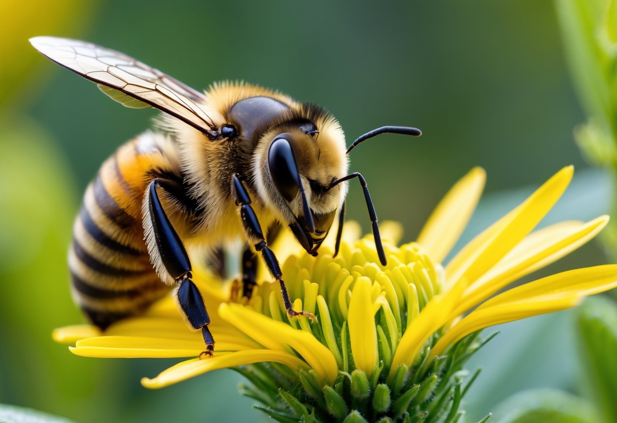 A close-up of a honeybee on a yellow flower with its face clearly visible.