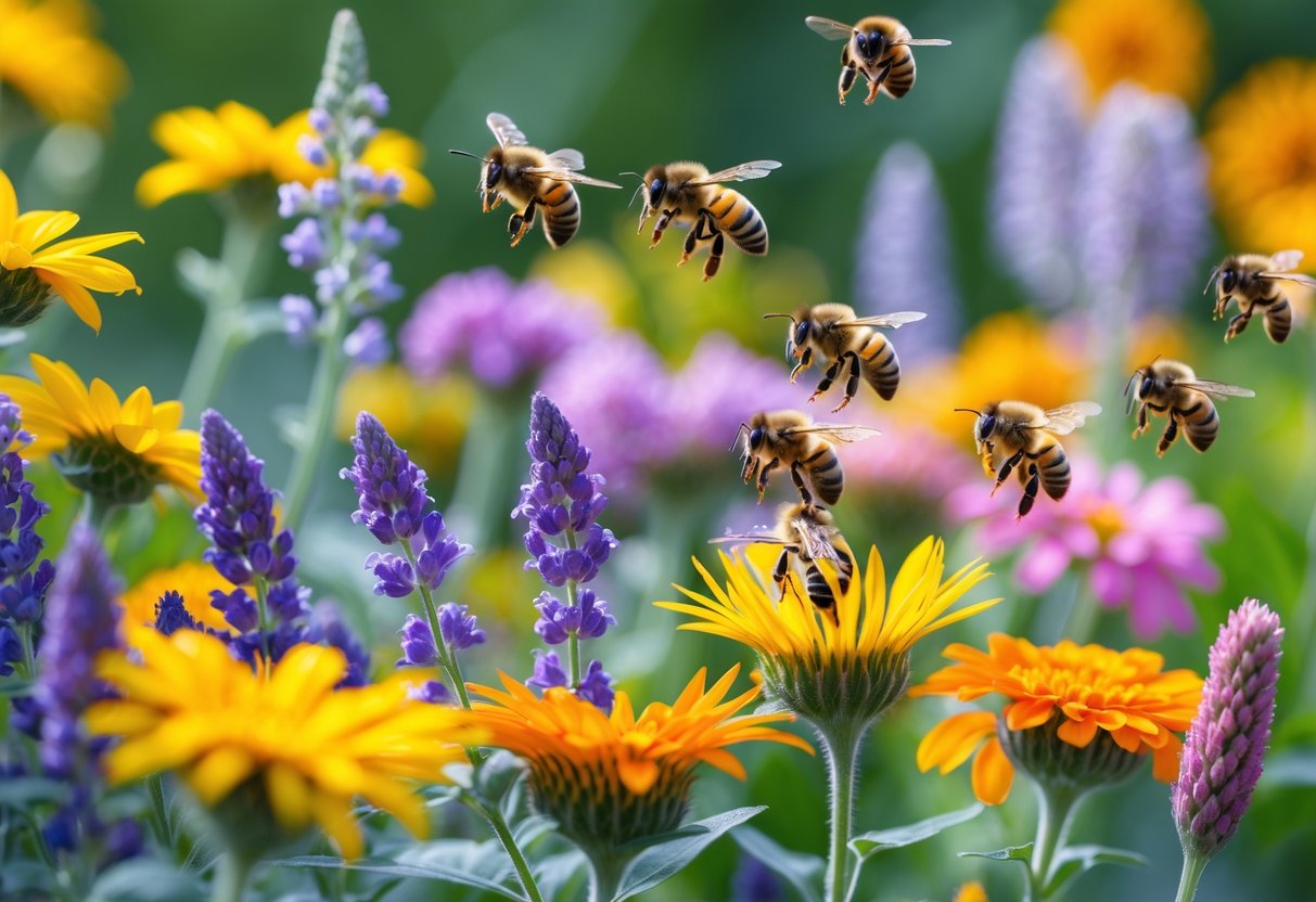 Close-up of bees pollinating colorful flowers including sunflowers, lavender, clover, and marigolds in a garden.
