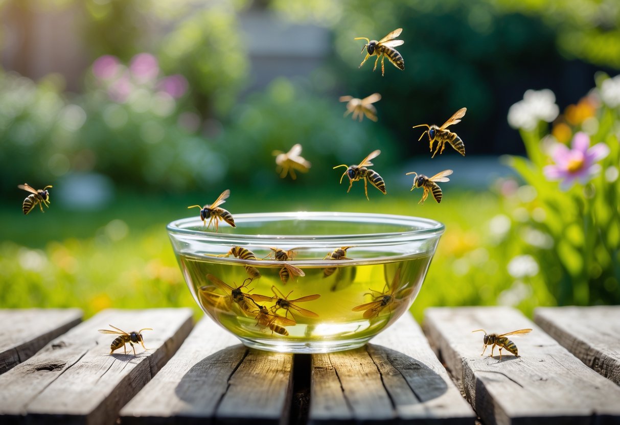 A glass bowl filled with vinegar on a wooden table outdoors with wasps flying nearby and a garden in the background.
