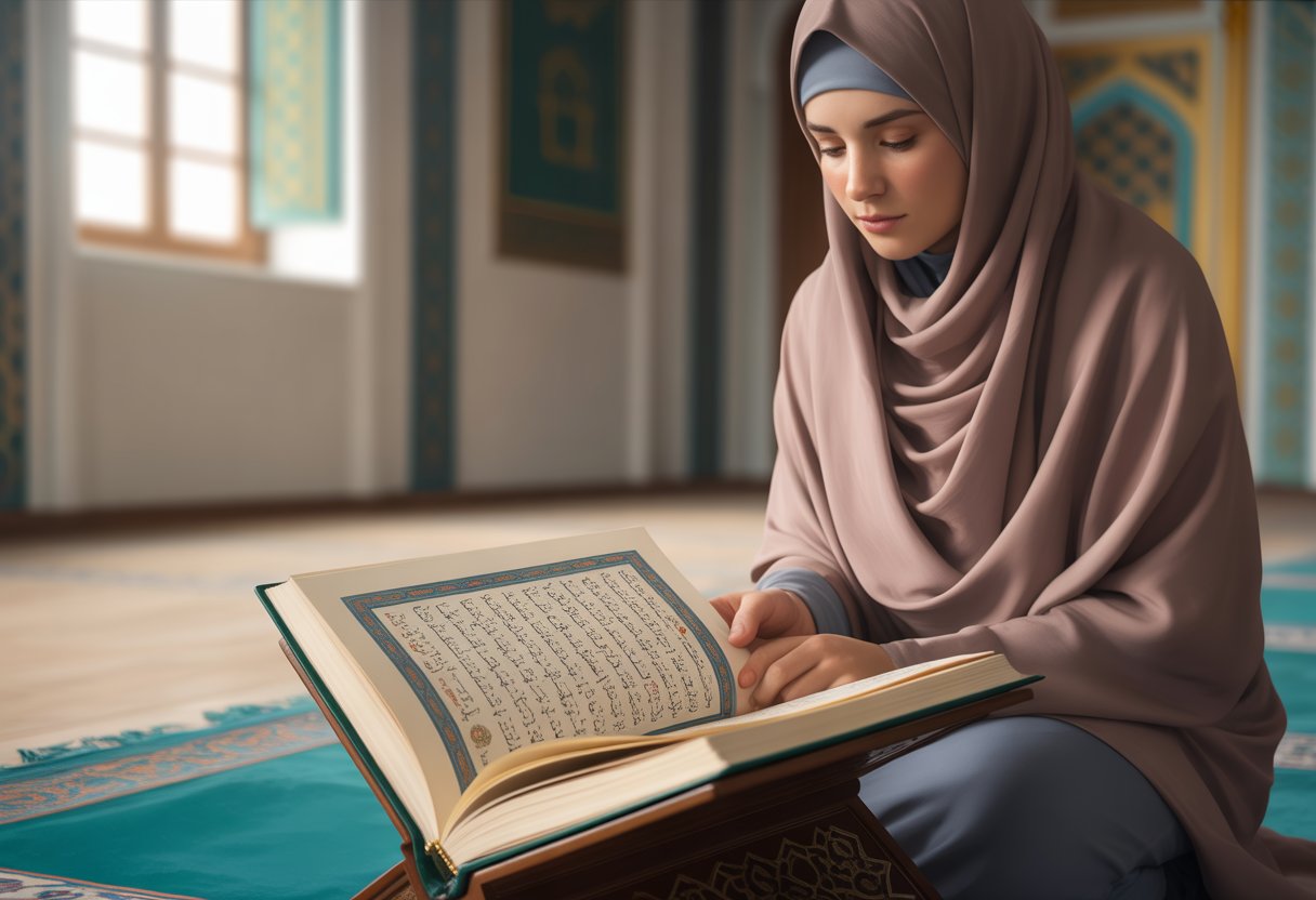 A modestly dressed woman wearing a hija is sitting on a prayer rug inside a room, reading an open Quran with visible calligraphy, surrounded by Islamic architectural details.
