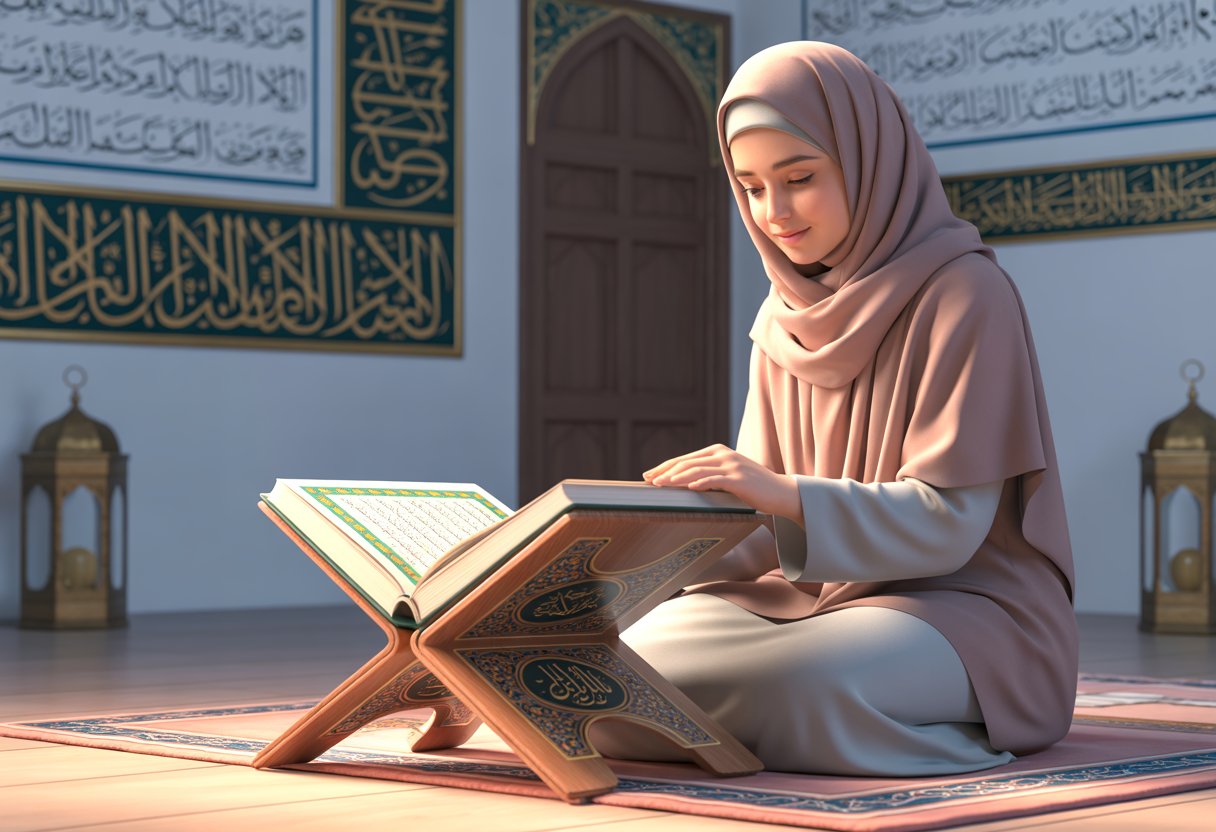 A modestly dressed woman wearing a hijab reads an open Quran placed on a wooden stand inside a traditionally decorated room with Islamic patterns and soft lighting.