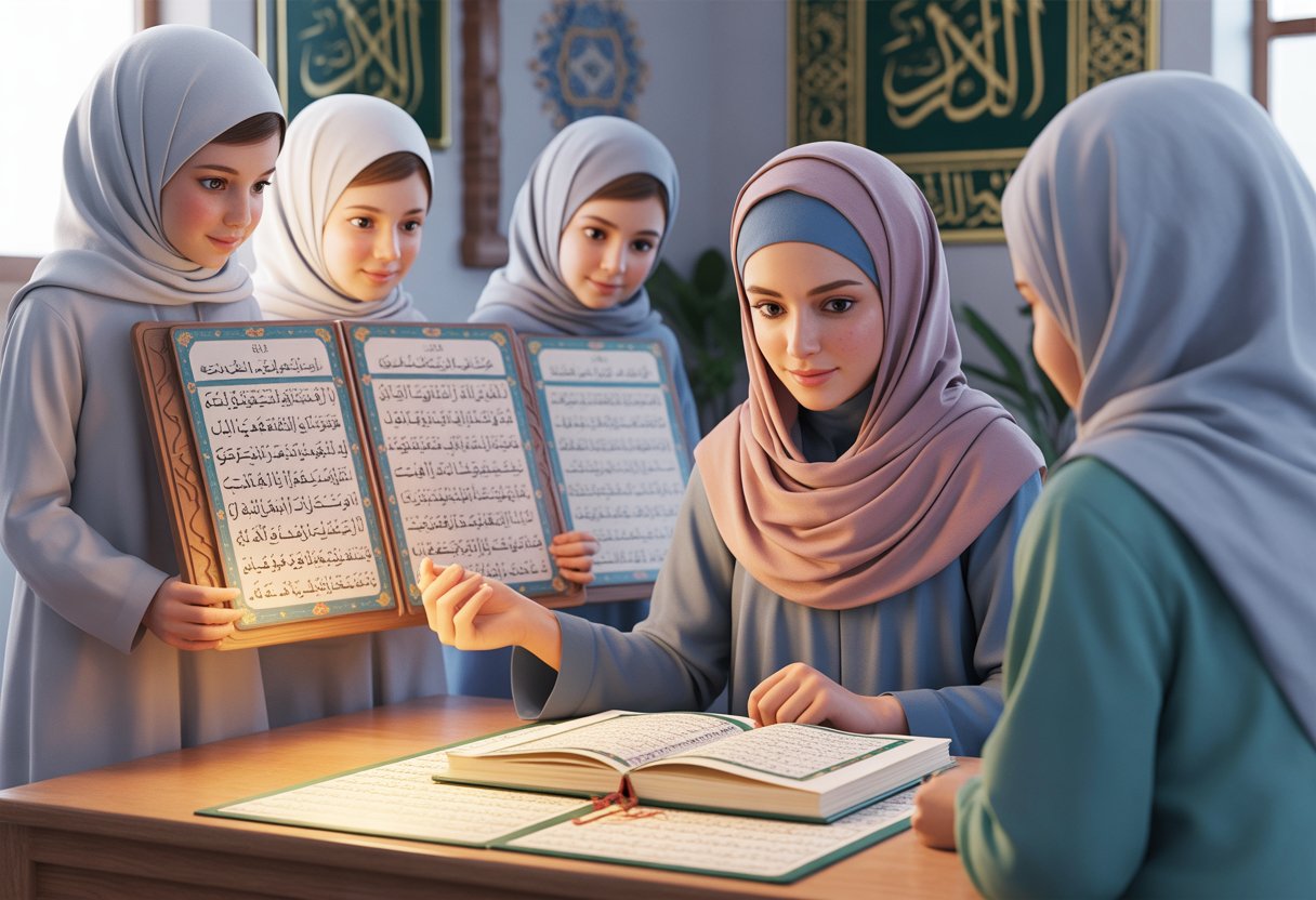 A modestly dressed female teacher wearing a hijab helps students learn the Arabic alphabet and Quranic pronunciation in a calm room decorated with Islamic patterns and calligraphy.