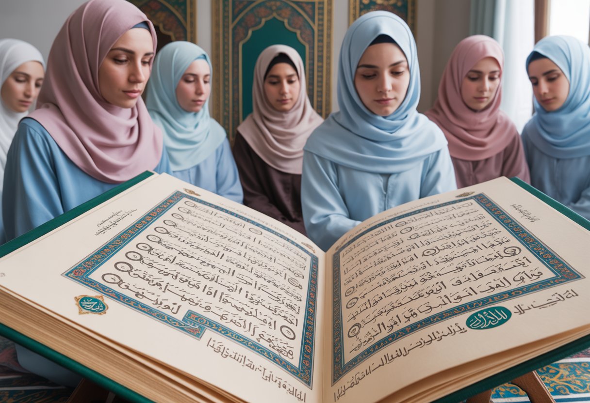 A group of women wearing hijabs sit together around an open Quran in a traditional Islamic room, focused on studying and reciting the Quran.