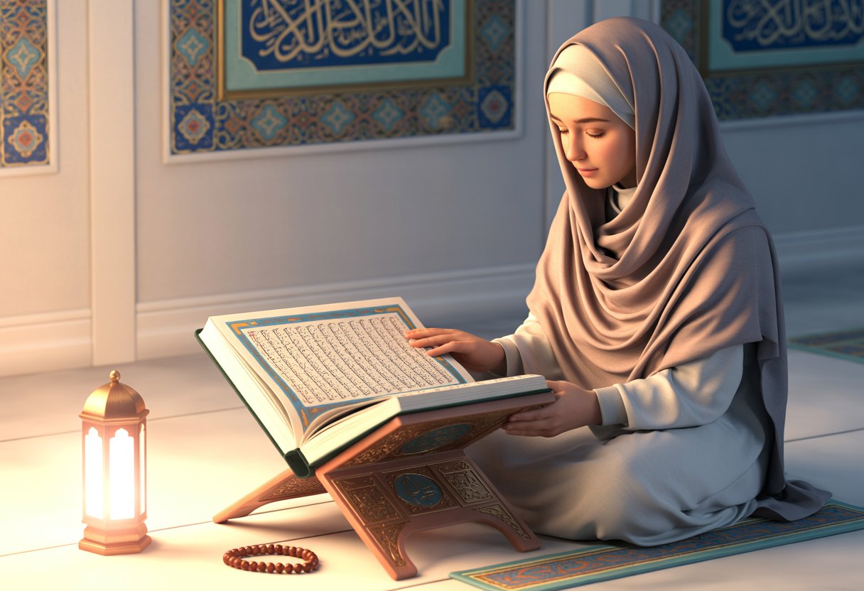A modestly dressed woman wearing a hija sits on a prayer rug reading an open Quran in a softly lit room decorated with Islamic patterns and calligraphy.