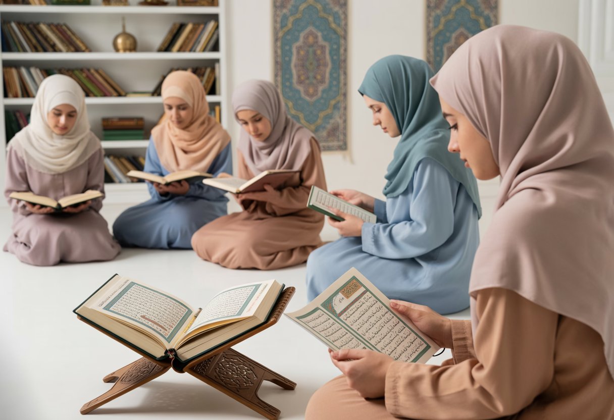 Women wearing hijabs seated around a table reading the Quran in a peaceful indoor Islamic setting with Quranic books and traditional decorations.