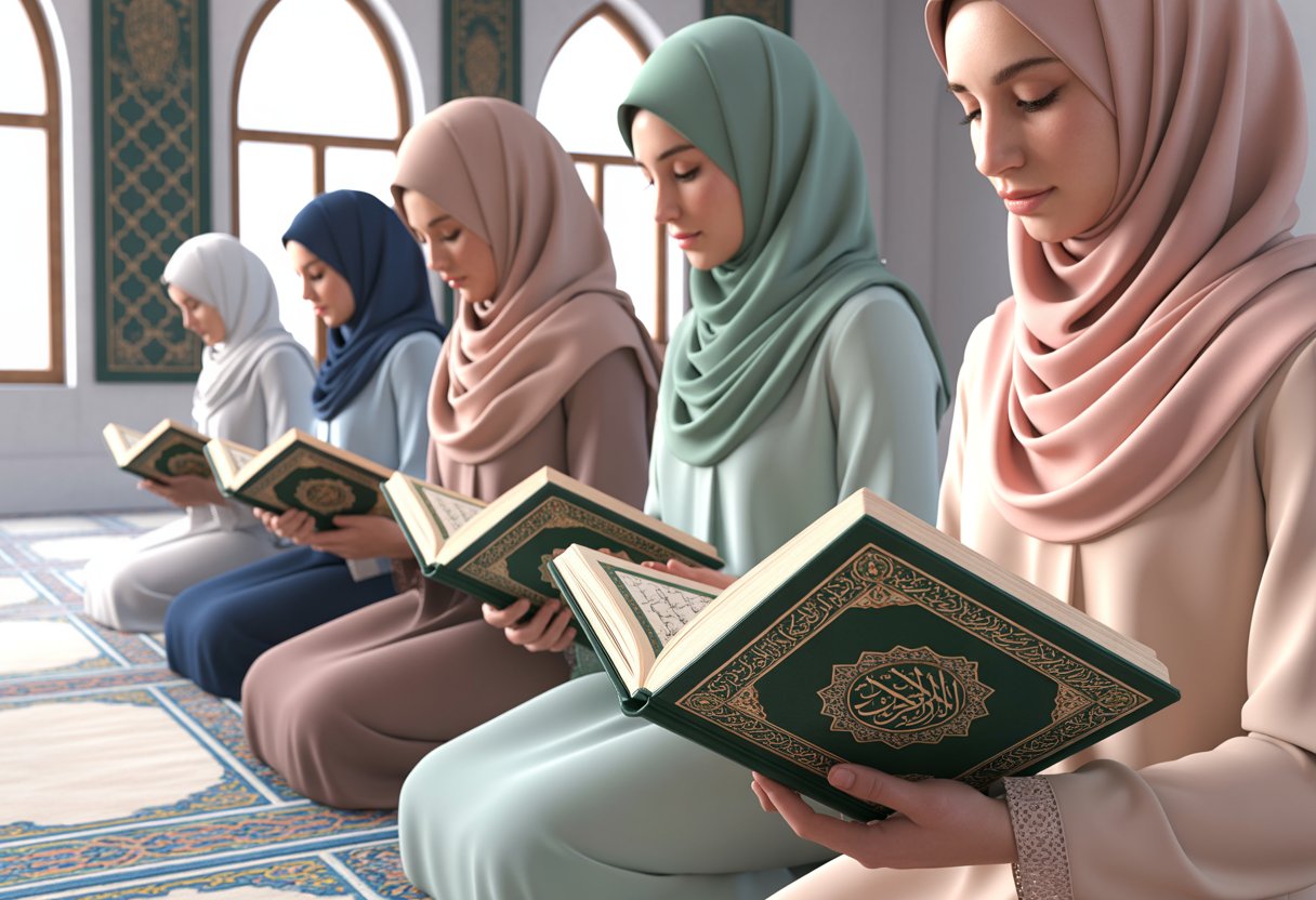A group of Muslim women wearing hija sit respectfully on a prayer rug indoors, each holding an open Quran in a peaceful and reverent setting.