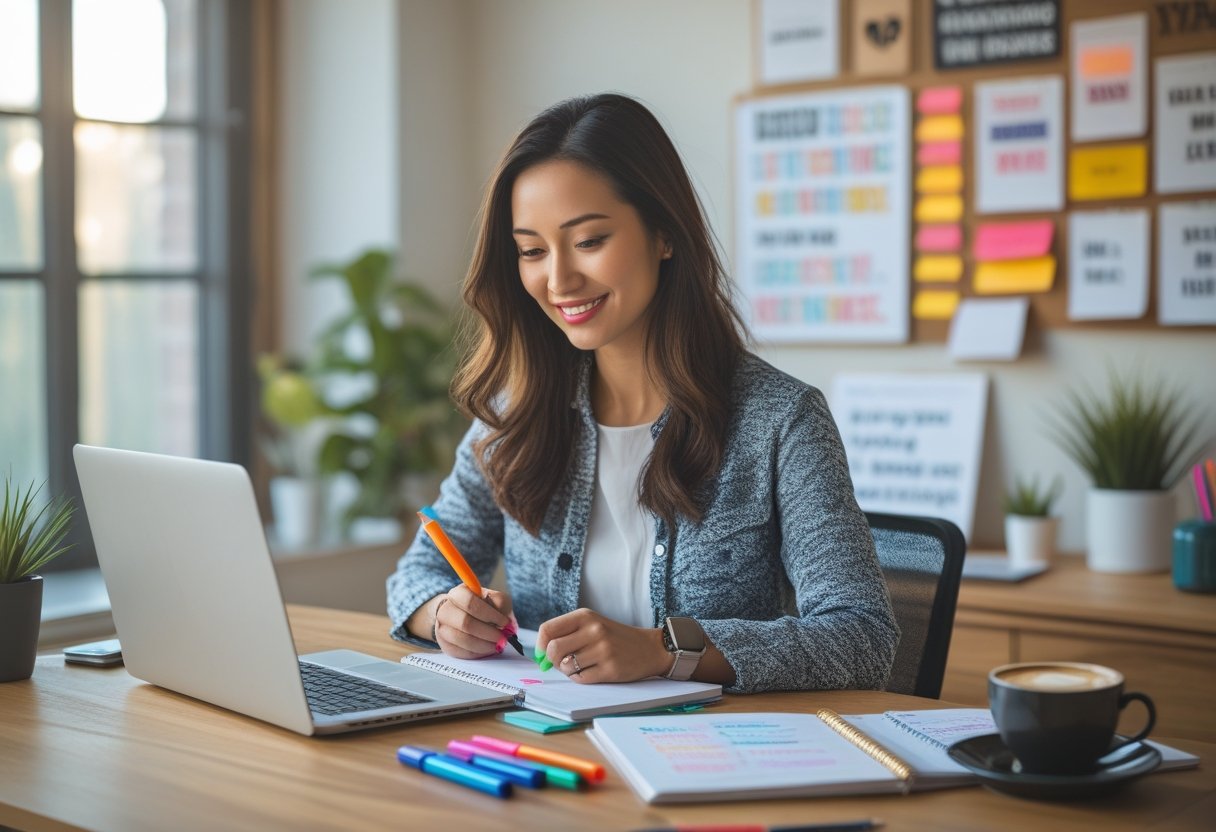 A young woman sitting at a desk, writing in a notebook with a laptop and coffee nearby, in a bright room with natural light.