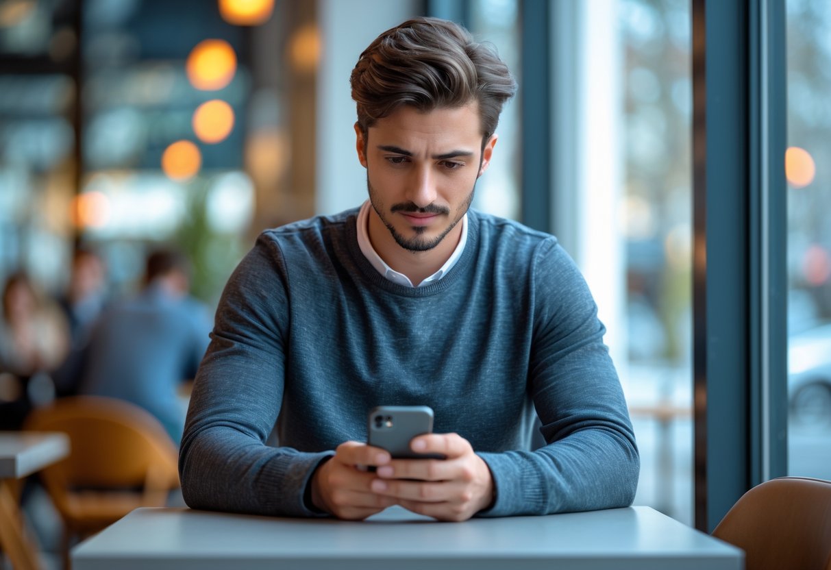 A young man sitting alone at a café table looking thoughtfully at his smartphone.