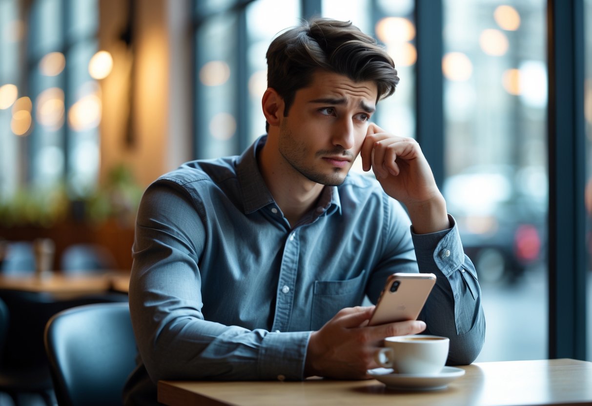 A young man sitting alone at a café table, holding a smartphone and looking thoughtful.