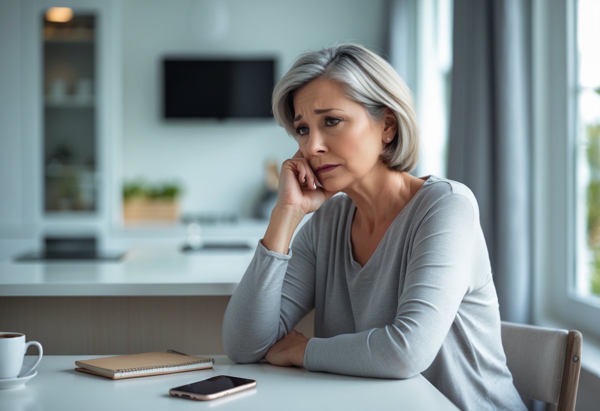 A worried mother sitting alone at a kitchen table, looking thoughtful with a smartphone face down in front of her.