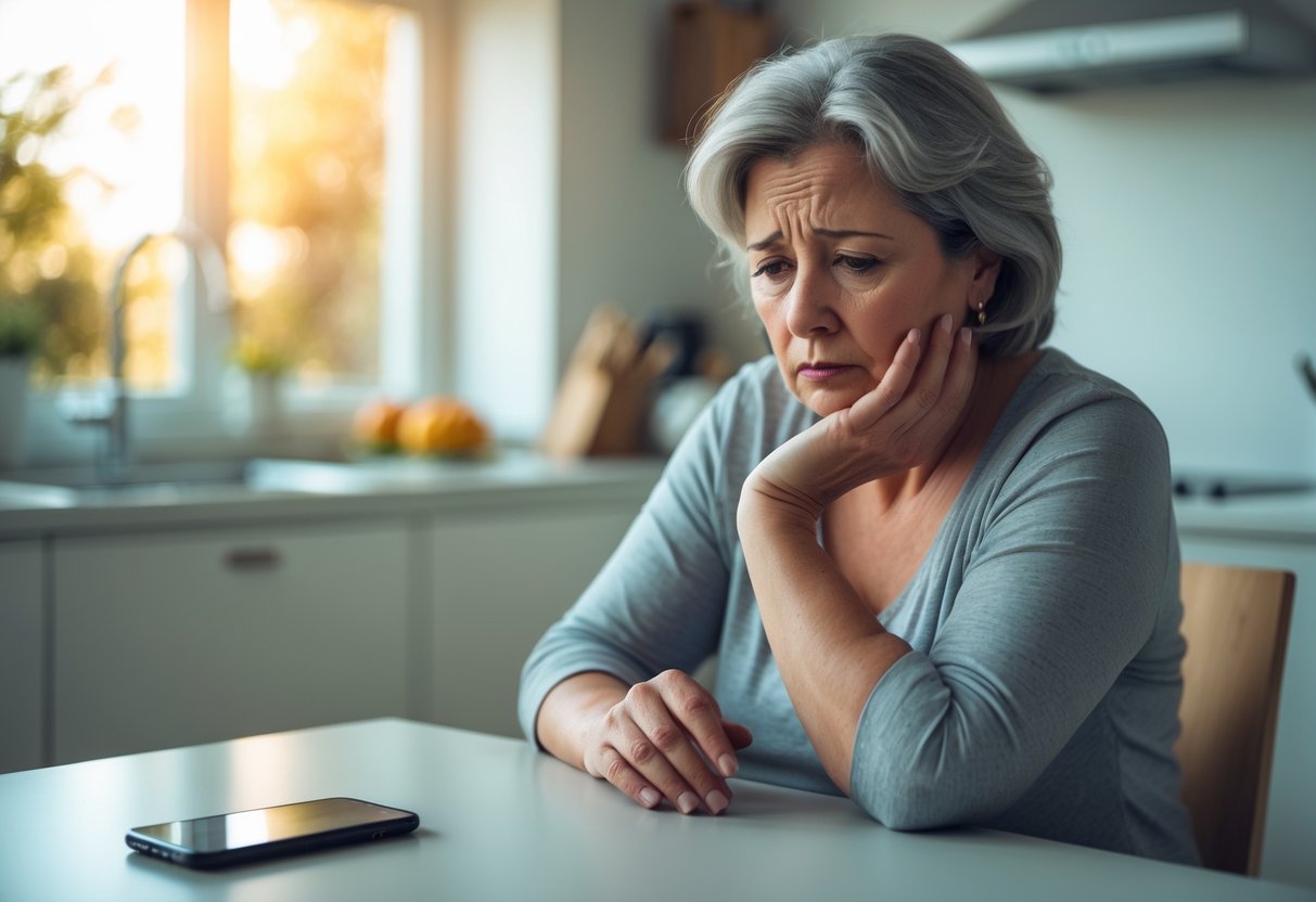 A middle-aged woman sitting alone at a kitchen table looking thoughtful and sad, with a smartphone lying face down nearby.
