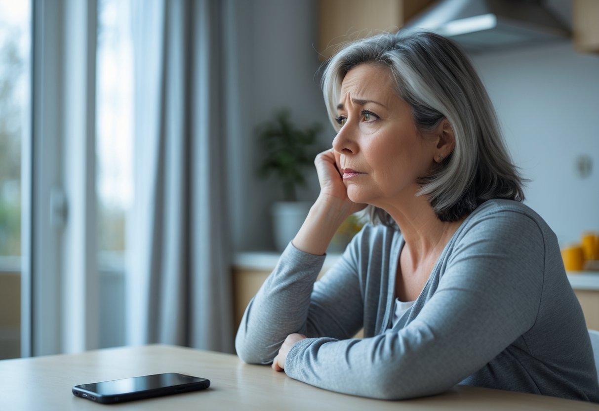 A worried middle-aged woman sitting alone at a kitchen table, looking thoughtfully out a window with a smartphone lying face down on the table.