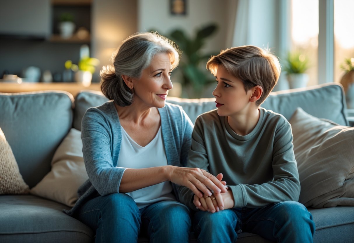 A mother and her teenage son sitting on a sofa having a serious and emotional conversation in a cozy living room.
