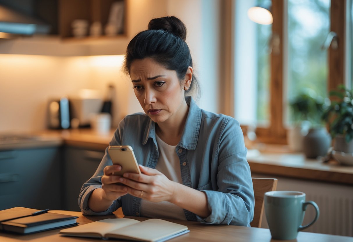 A worried mother sitting alone at a kitchen table, looking thoughtfully at her smartphone.