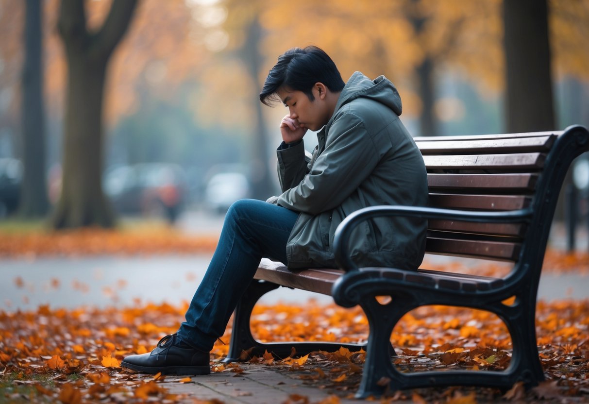 A young adult sitting alone on a park bench surrounded by fallen leaves, looking thoughtful and introspective.