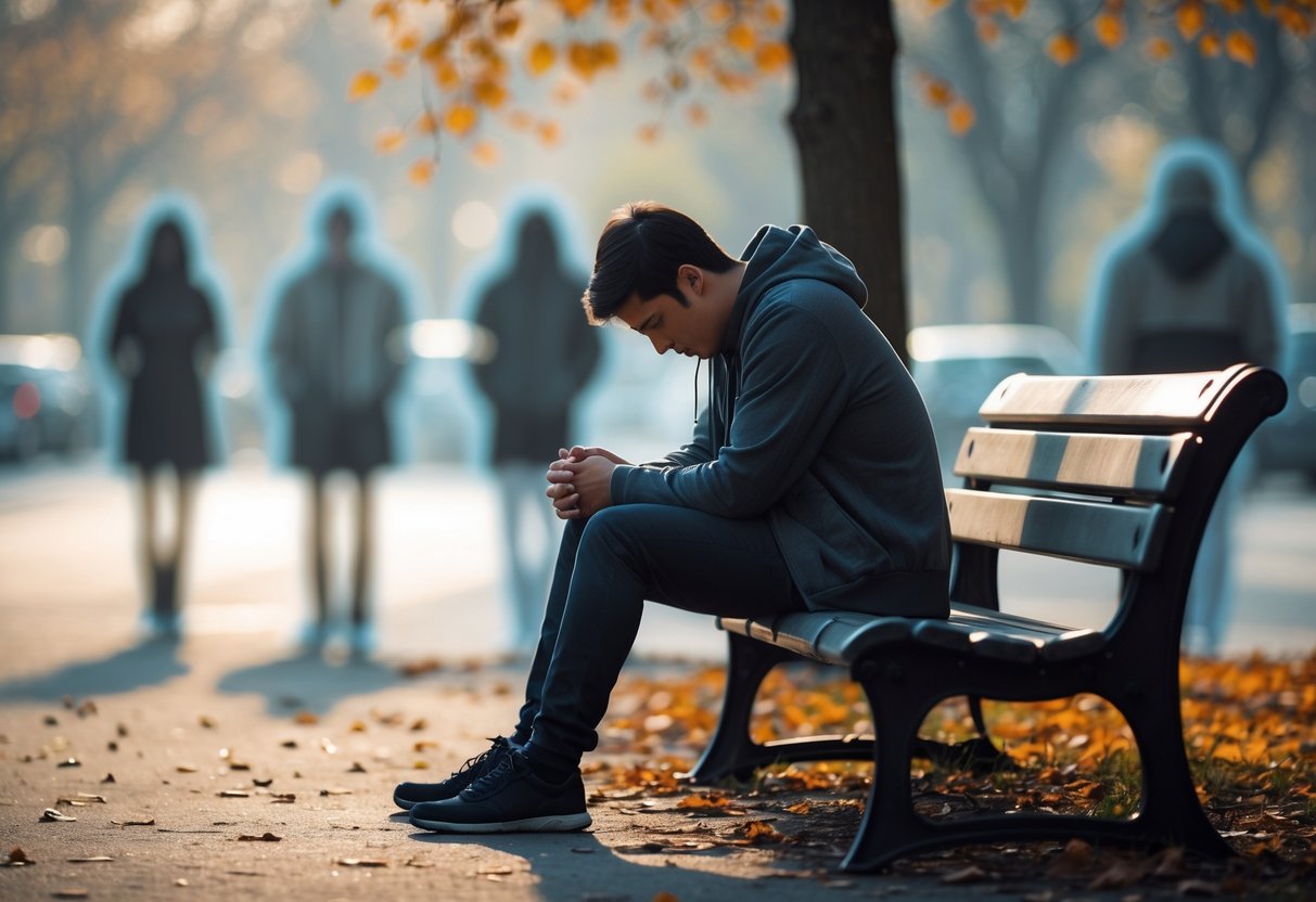 A young adult sitting alone on a park bench looking down with a sad and thoughtful expression, surrounded by faint, fading silhouettes of people in a quiet park.