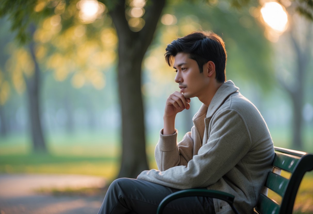 A young adult sitting alone on a park bench looking thoughtful and introspective with trees and sunlight in the background.