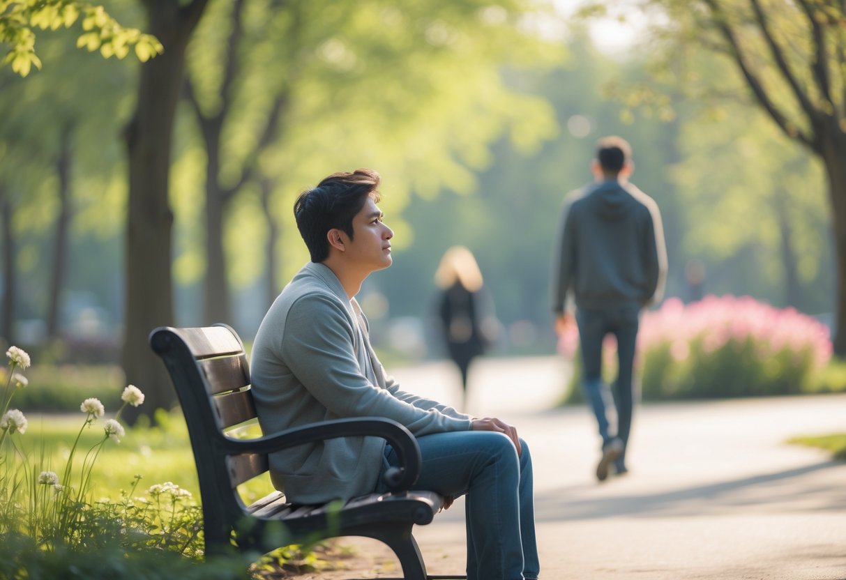 A young adult sitting on a park bench looking thoughtfully into the distance with trees and flowers around, while a blurred figure walks away in the background.