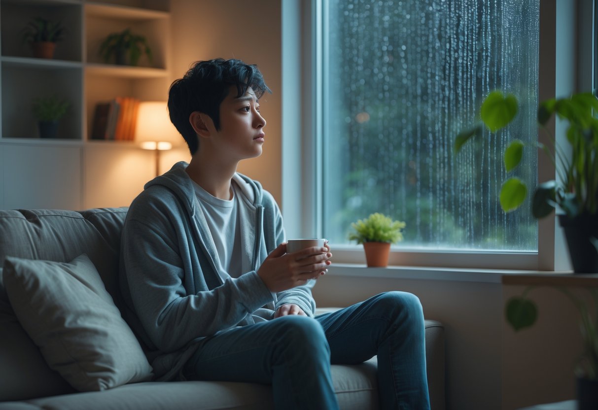 A young adult sitting alone in a living room, looking thoughtful and holding a cup of tea while gazing out a window with rain outside.