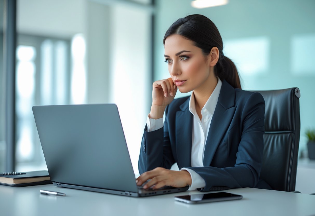 A confident businesswoman sitting at a desk in an office, looking thoughtfully at her laptop.