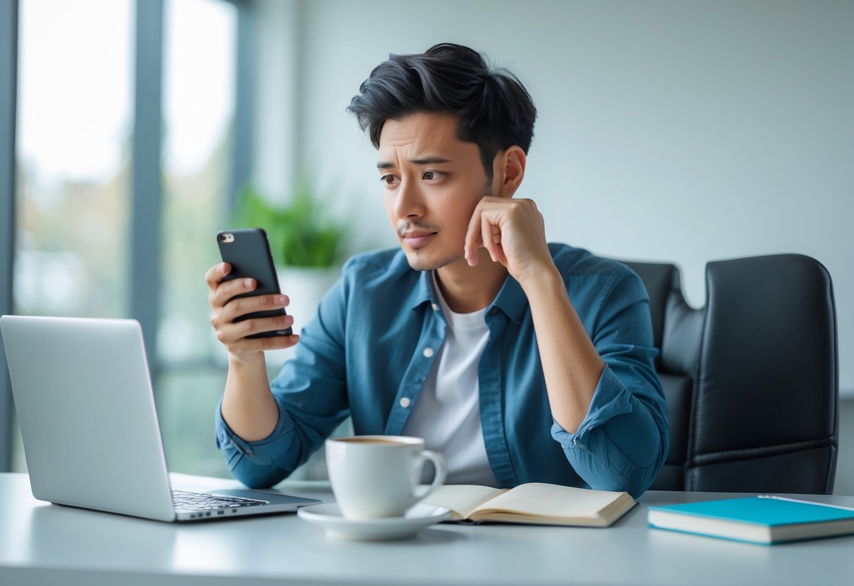 A confident young adult sitting at a desk, looking thoughtfully at a smartphone with a calm expression.