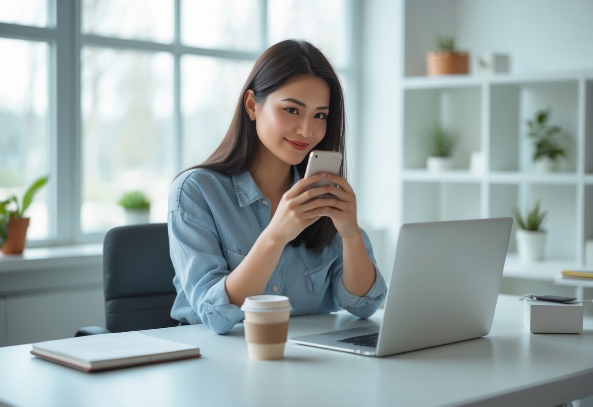 A young woman sitting at a desk looking thoughtfully at her smartphone in a bright office with a laptop and coffee nearby.
