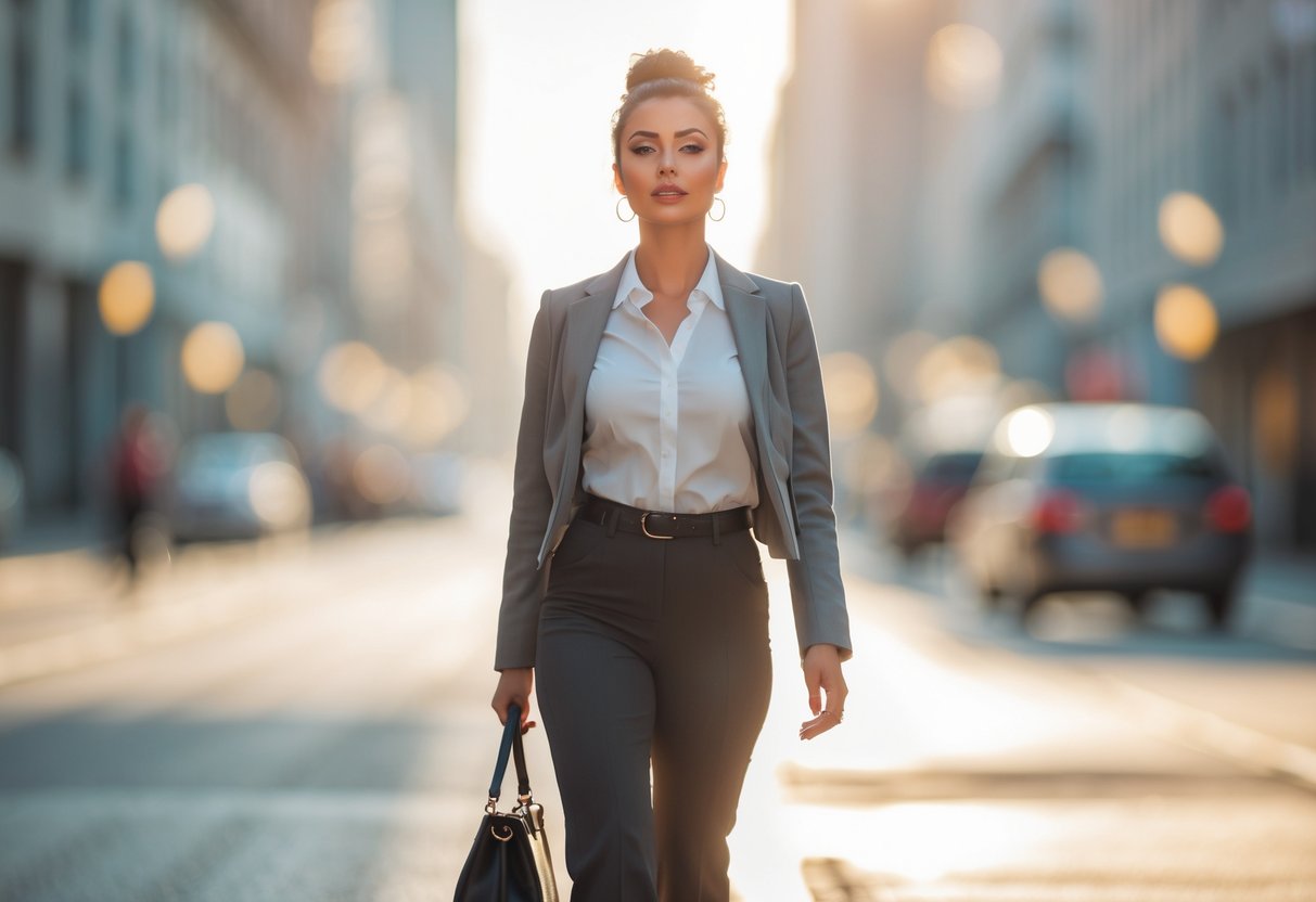 A confident young woman walking forward on a city street with a determined expression.