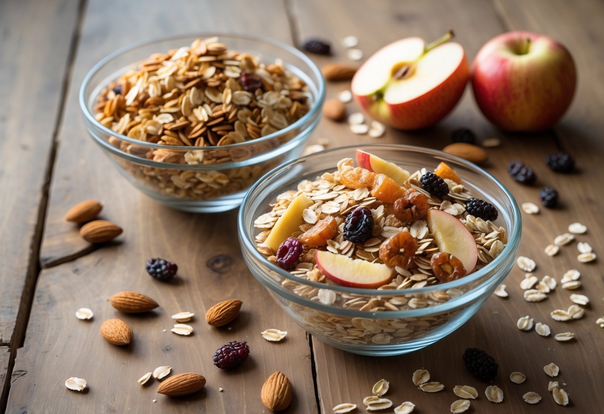 Two clear bowls on a wooden table, one with crunchy granola and the other with soft muesli, surrounded by oats, nuts, dried fruits, and seeds.