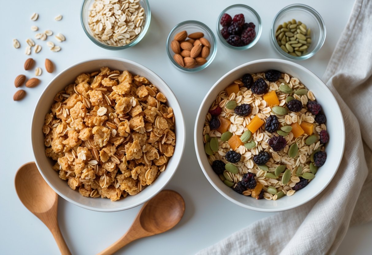 Two bowls on a kitchen table, one with granola and one with muesli, surrounded by small containers of ingredients like nuts and dried fruits.