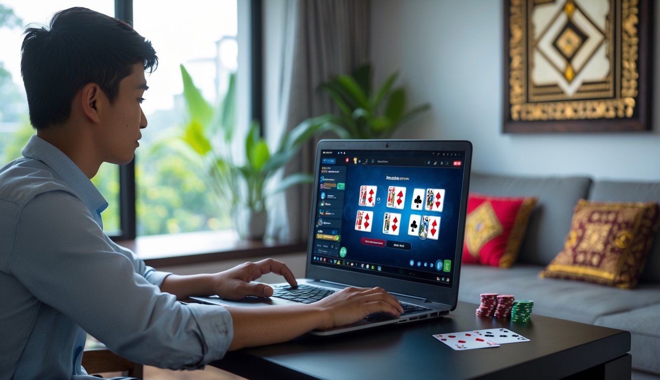 Seorang pemula bermain poker online di depan laptop di dalam ruangan dengan dekorasi khas Indonesia.
