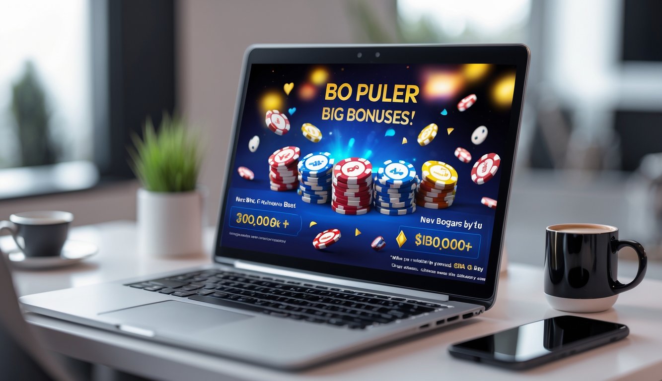 Seorang pemain poker online menggunakan laptop dengan chip poker dan kartu terlihat di layar, di atas meja dengan kopi dan ponsel.