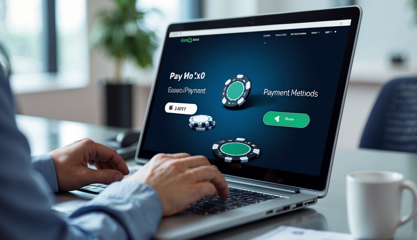 Seseorang menggunakan komputer dengan tampilan situs poker online dan ikon pembayaran digital di layar.