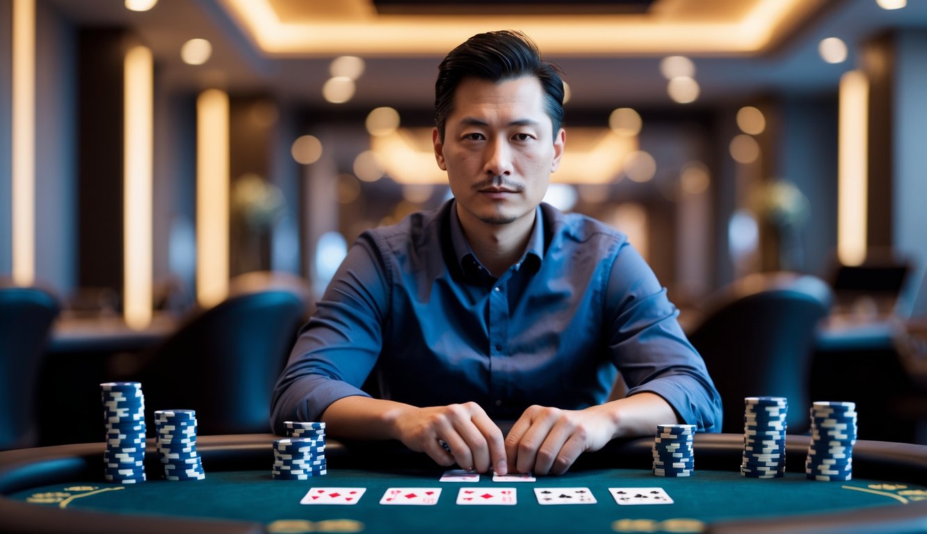 Seorang pemain poker berpengalaman duduk di meja poker dengan tumpukan chip dan kartu, fokus dan tenang di dalam suasana kasino.