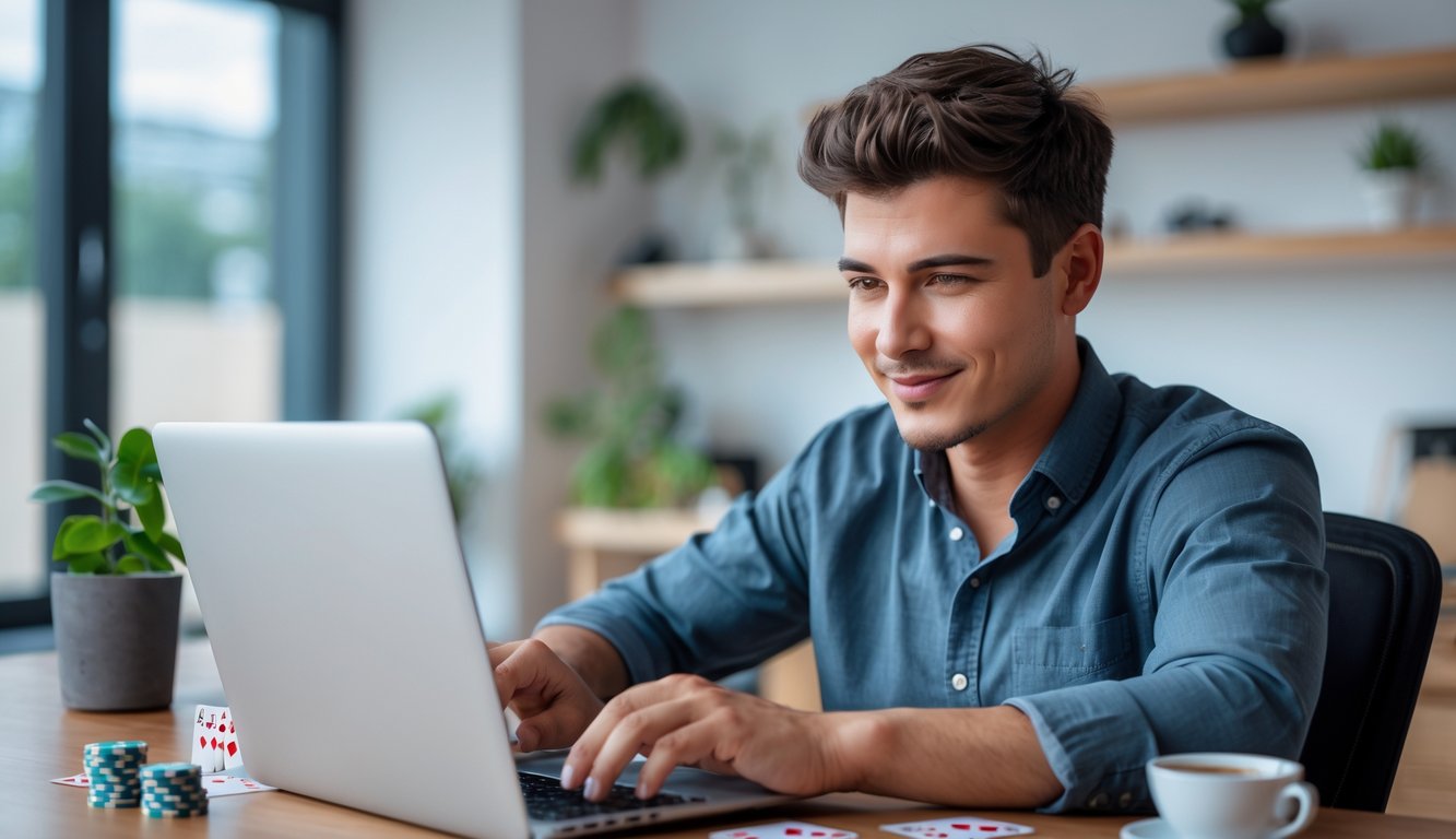 Seorang dewasa muda bermain poker online di laptop dengan tumpukan chip dan kartu di meja di ruang kerja yang rapi.