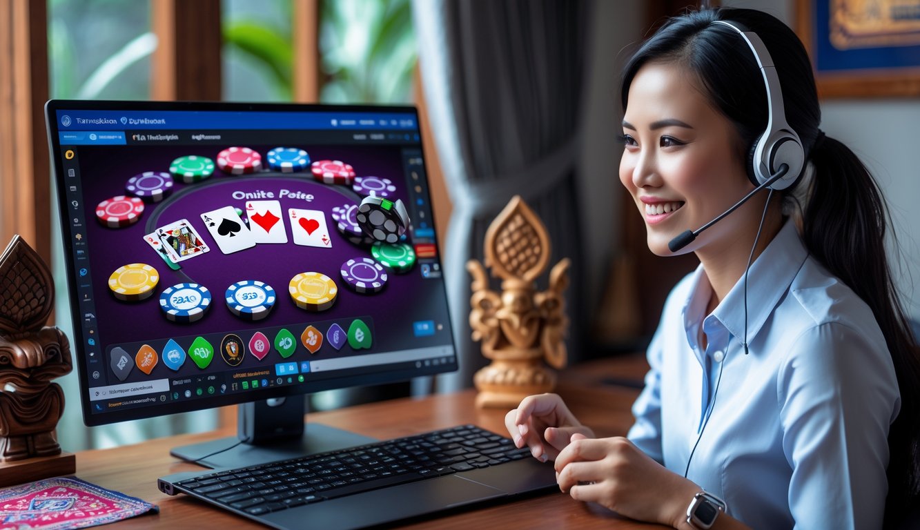 Seorang perwakilan layanan pelanggan dengan headset tersenyum di depan komputer yang menampilkan permainan poker online, dengan suasana ruang kerja yang nyaman dan aksen budaya Indonesia.