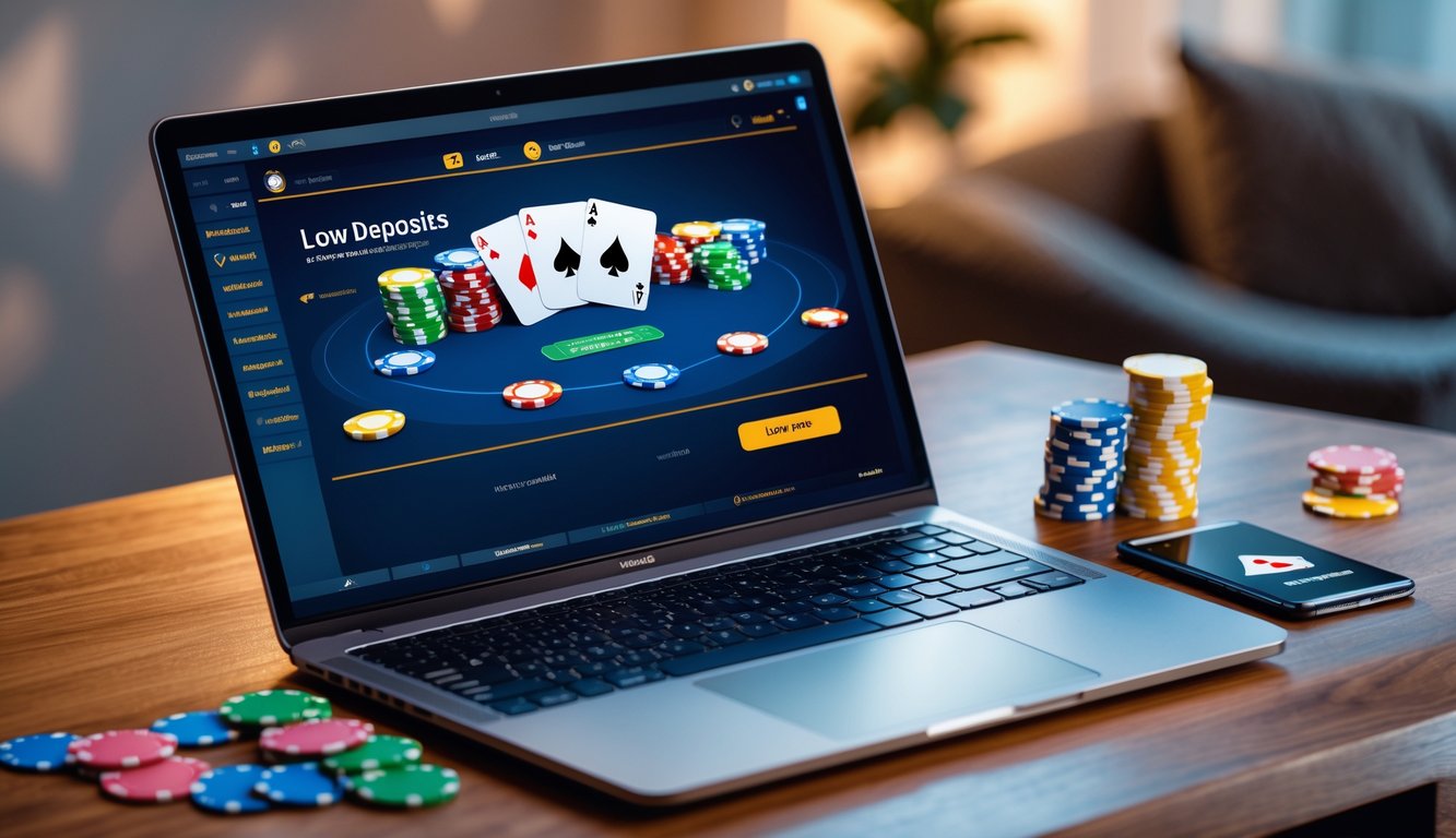 Seseorang menggunakan laptop dan ponsel untuk bermain poker online dengan chip dan kartu di meja.