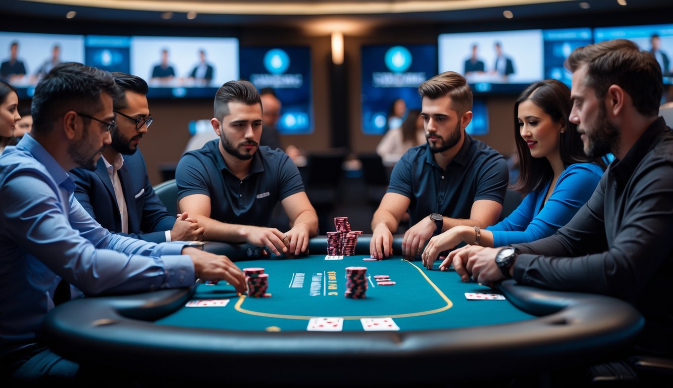 Sekelompok orang dewasa bermain poker di meja poker dalam ruangan yang terang dan modern.