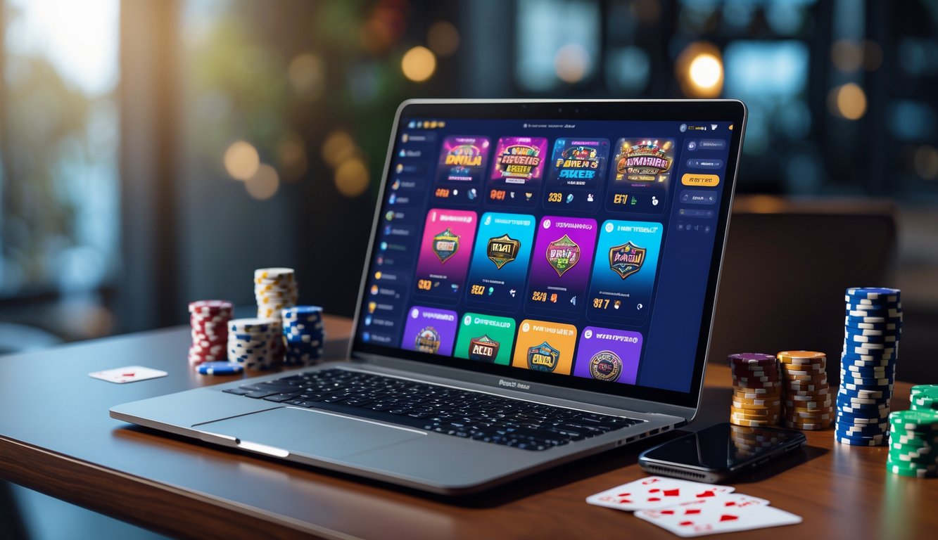 Seseorang bermain poker online di laptop dengan chip poker dan kartu di atas meja kayu.