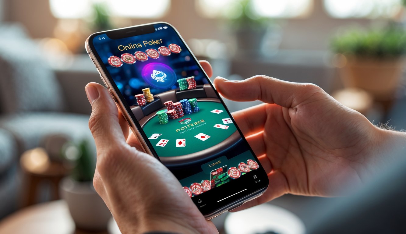 Seseorang memegang smartphone yang menampilkan permainan poker online dengan kartu dan chip di layar.