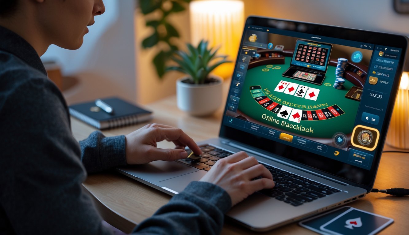 Seseorang duduk di depan laptop bermain blackjack online dengan chip poker dan catatan di meja.