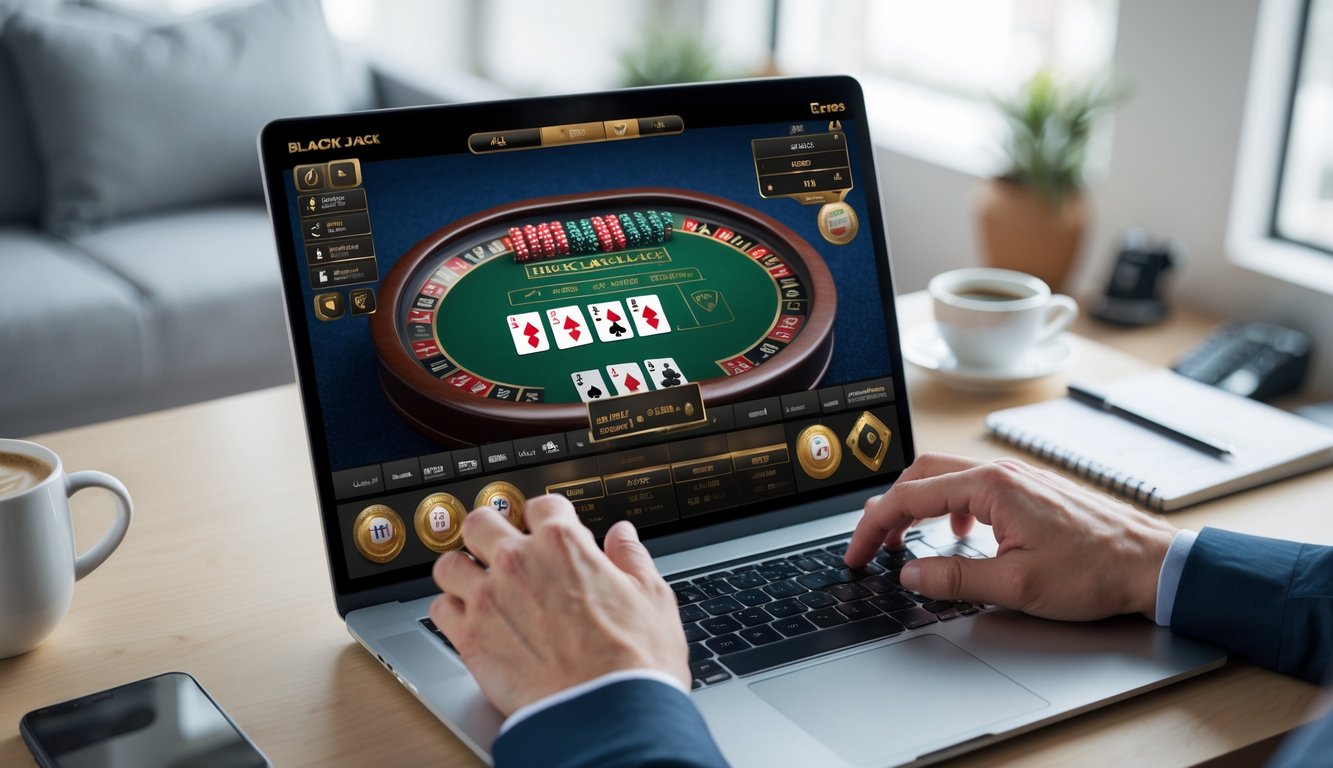 Seseorang bermain permainan blackjack online di depan komputer dengan kartu dan chip terlihat jelas.