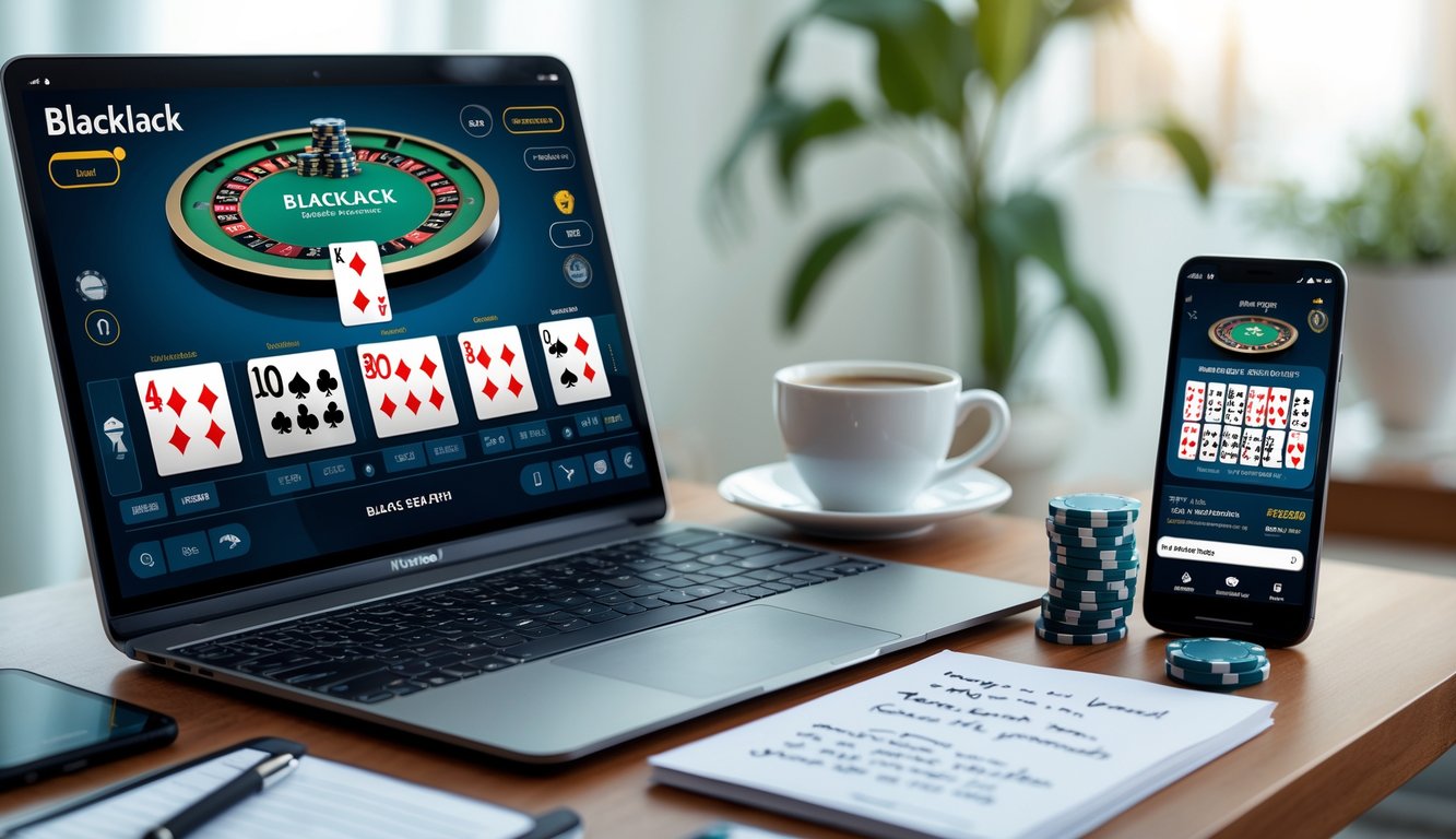 Seseorang bermain blackjack online menggunakan laptop dengan chip poker kecil di meja dan catatan strategi di sampingnya.