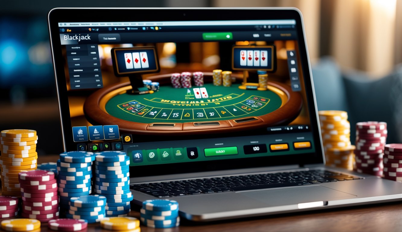 Sebuah laptop menampilkan permainan blackjack online dengan chip poker berwarna-warni di sekitarnya di atas meja.