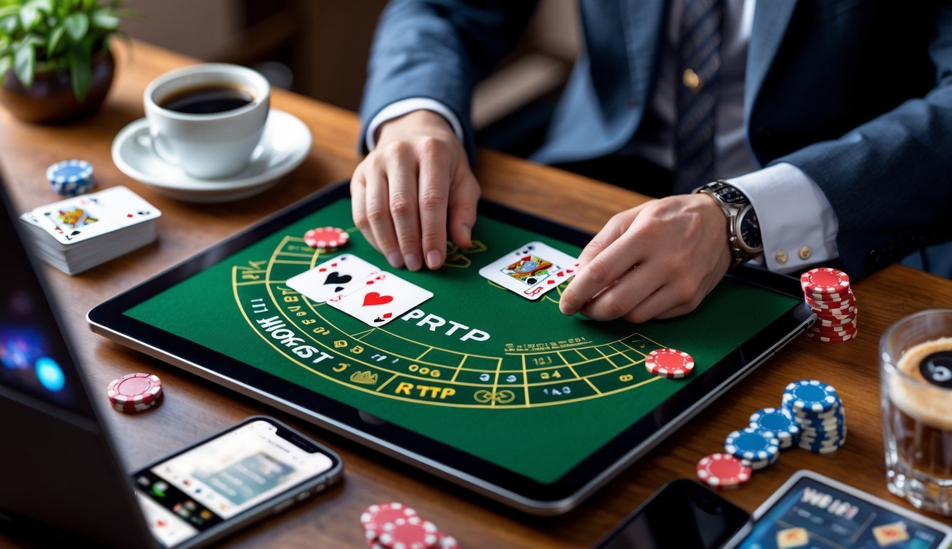 Tampilan meja blackjack digital di layar komputer dengan kartu dan chip taruhan, di meja kerja yang rapi.