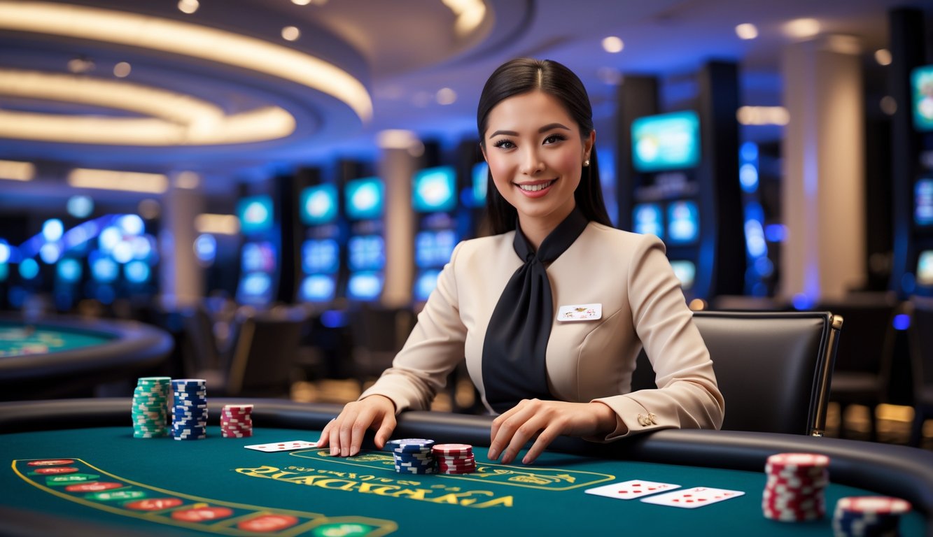 Seorang dealer live yang tersenyum di meja blackjack dengan kartu dan chip, dalam suasana kasino modern.