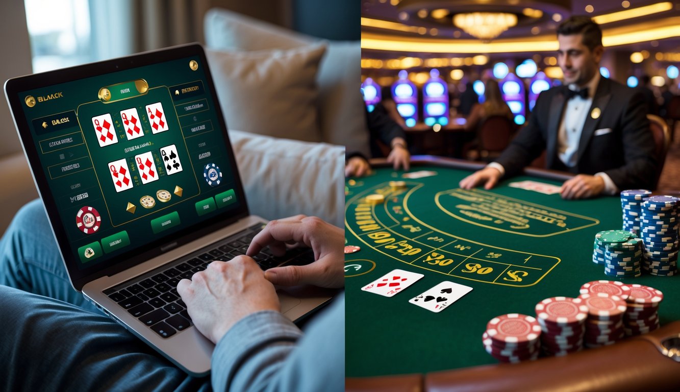 Seseorang bermain blackjack online di laptop di rumah di sebelah kiri, dan suasana kasino fisik dengan meja blackjack dan pemain di sebelah kanan.