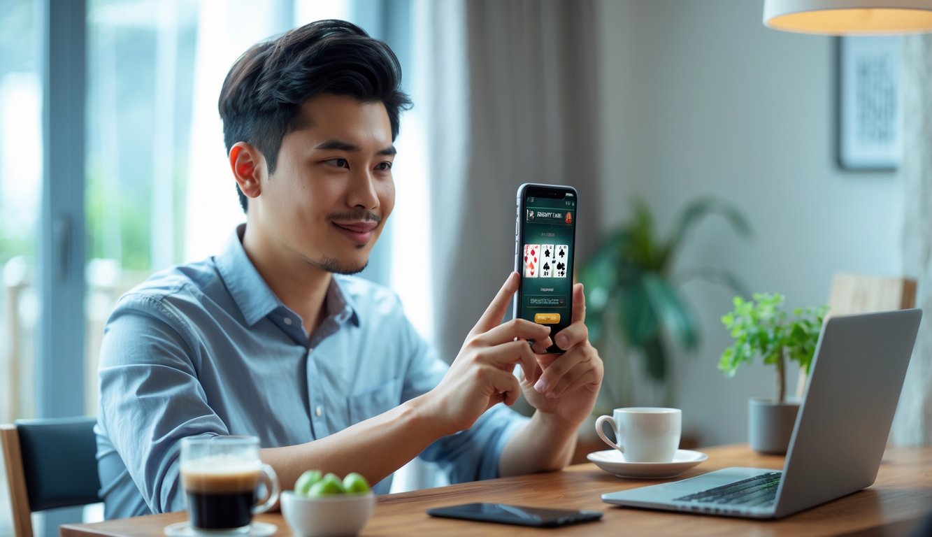 Seorang pria muda Indonesia sedang bermain blackjack online menggunakan ponsel di meja kayu dengan latar ruangan yang nyaman.